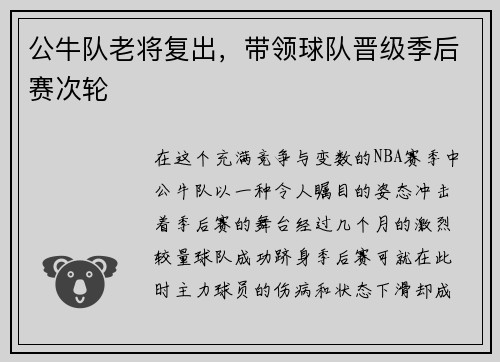公牛队老将复出，带领球队晋级季后赛次轮