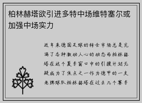 柏林赫塔欲引进多特中场维特塞尔或加强中场实力
