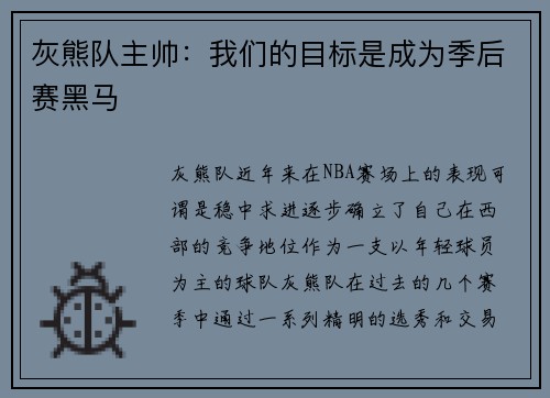 灰熊队主帅：我们的目标是成为季后赛黑马